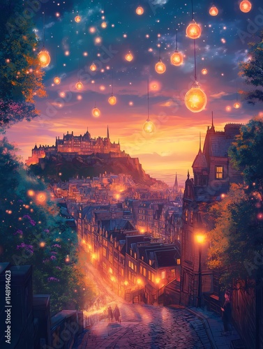Enchanted Edinburgh: A magical twilight scene of Edinburgh Castle, bathed in the warm glow of floating lanterns, with a couple strolling along a cobblestone street.  A dreamy, romantic illustration. 