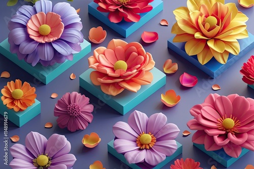 Wallpaper Mural Isometric Floral Arrangements in 3D with Vibrant Colors and Petals Torontodigital.ca