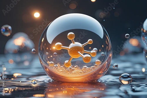 Customized 3D Creation of Serene Sphere with Vivacious Molecule Encased in Bubble photo