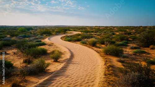 Texas Desert Sand Pathway with sparse vegetation and open skies, rugged Southwestern trail photo