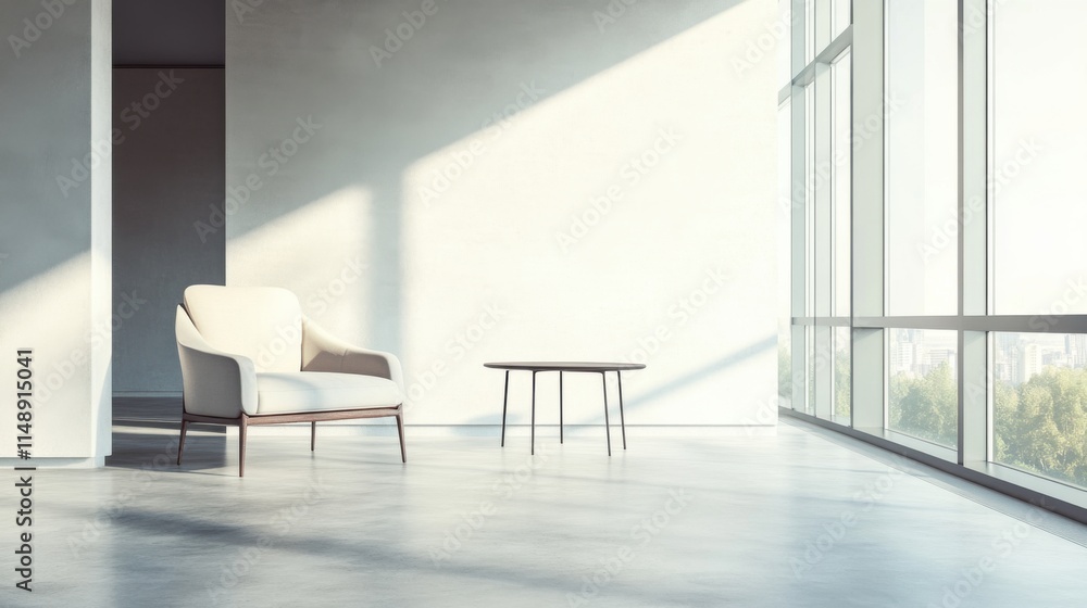 Modern minimalist lounge with sleek, elegant decor. Featuring clean lines and neutral colors Modern minimalist lounge with sleek, elegant decor. Featuring clean lines and neutral colors