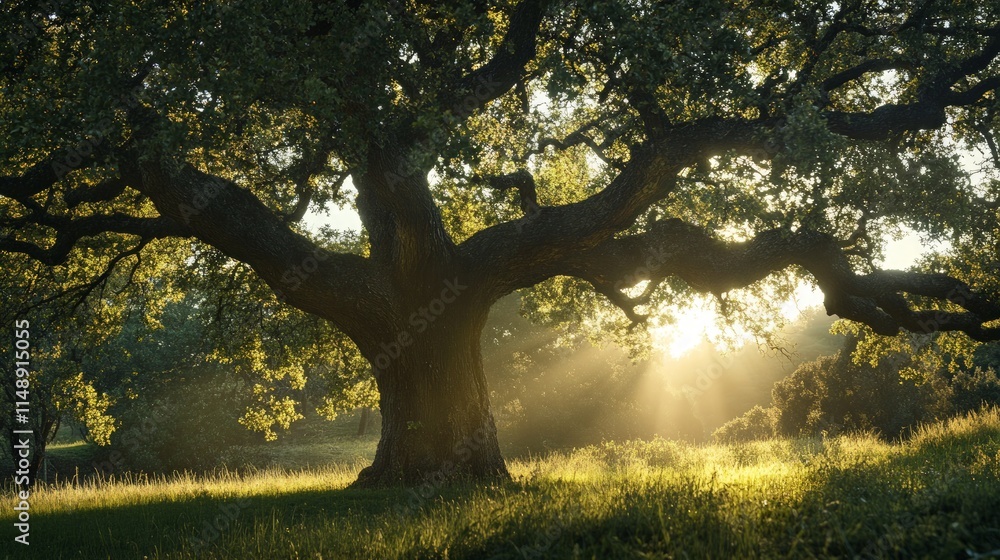 Majestic Oak Tree Silhouetted by Sunlight in Serene Landscape Majestic Oak Tree Silhouetted by Sunlight in Serene Landscape