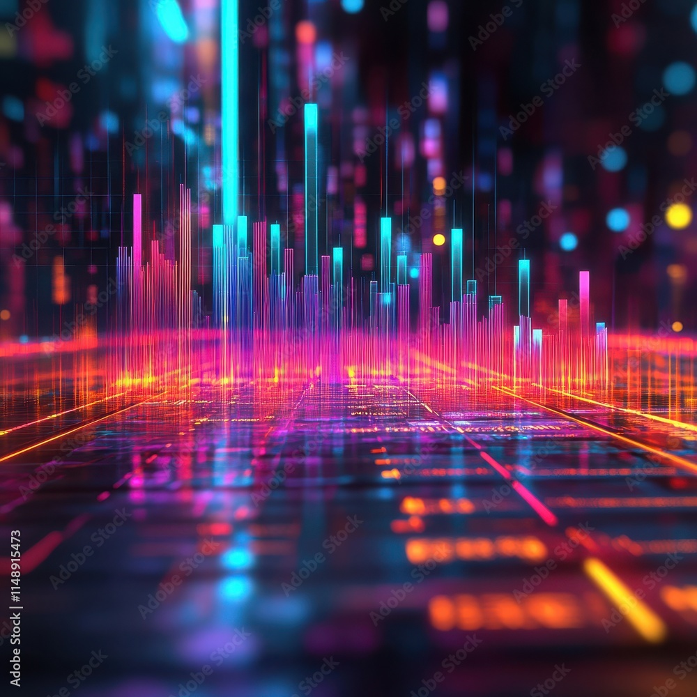 Vibrant digital data visualization with colorful bars and a futuristic glow, creating a dynamic and energetic atmosphere. Vibrant digital data visualization with colorful bars and a futuristic glow, creating a dynamic and energetic atmosphere.