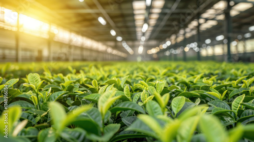 Large-scale tea processing equipment in action, producing premium quality tea in a clean, modern facility, photo