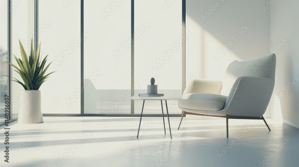 Fototapeta premium Modern minimalist lounge with sleek, open decor. Featuring clean lines and neutral hues
