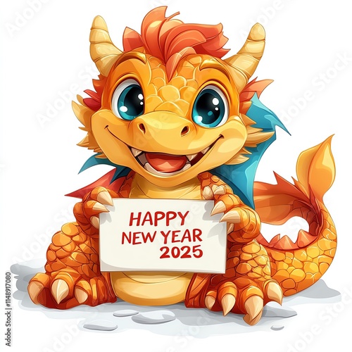 An illustration of cartoon smiling golden Dragon holding text label with words written HAPPY NEW YEAR 2025. photo