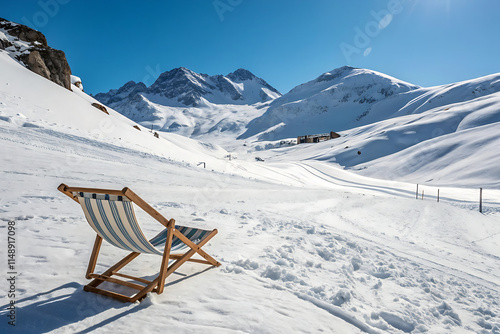 Sun lounger on ski slopes without people on a sunny day - Alps photo