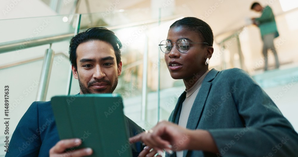 © peopleimages.com - Office, teamwork and business people with tablet for planning, software update or discussion for research. Employees, manager and web designer with digital for app notification, review tools or below