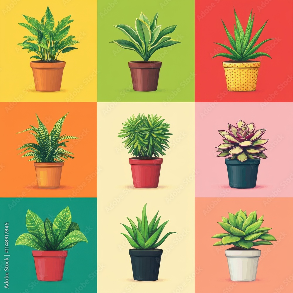 Fototapeta premium A vibrant collection of potted plants, showcasing diverse shapes and colors on a bright background.