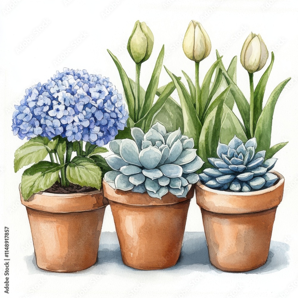 A vibrant watercolor painting of potted plants, featuring blue hydrangeas and green succulent varieties. A vibrant watercolor painting of potted plants, featuring blue hydrangeas and green succulent varieties.