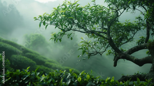 Rare tea leaves growing on ancient tea trees, their thick branches adding to the mystical ambiance, photo