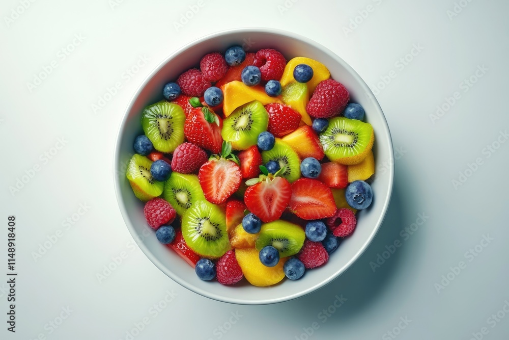 A vibrant fruit salad in a white bowl, featuring kiwi, strawberries, raspberries, blueberries, and mango. A vibrant fruit salad in a white bowl, featuring kiwi, strawberries, raspberries, blueberries, and mango.