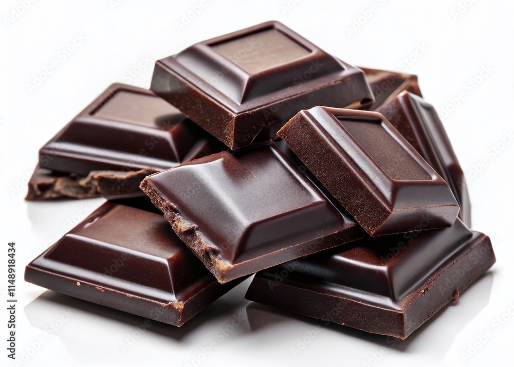 Dark Chocolate Pieces Isolated on White Background - High-Resolution Stock Photo for Food, Dessert, and Culinary Use Dark Chocolate Pieces Isolated on White Background - High-Resolution Stock Photo for Food, Dessert, and Culinary Use