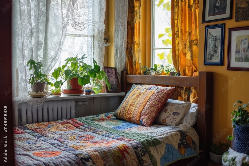 Fototapeta premium Cozy single bedroom adorned with quilt and drapes