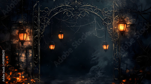 A dark, gothic-inspired halloween frame with intricate wrought iron detailing, complete with cobwebs and hanging lanterns in the corners. Wrought. Illustration photo