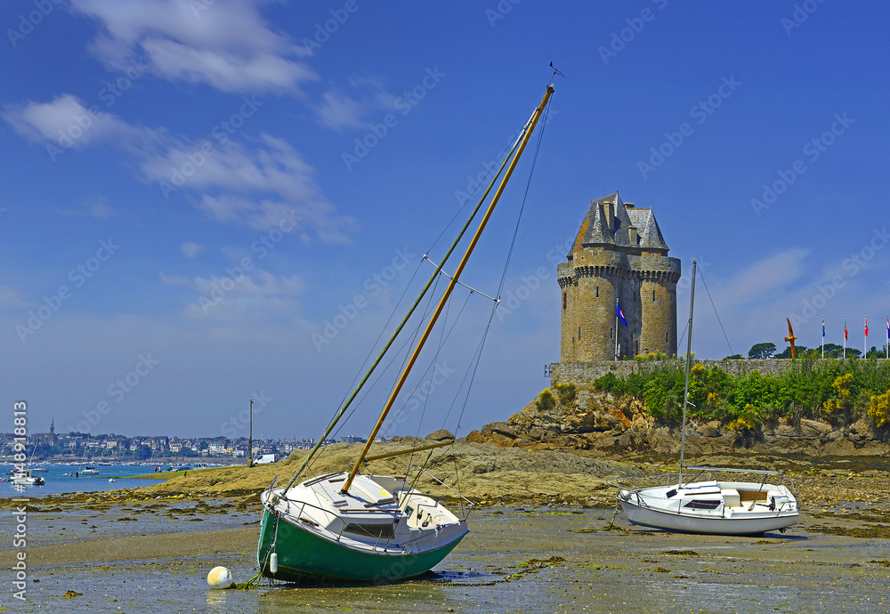 Port Solidor at low tide and the Solidor tower, Saint Malo in Brittany, France.