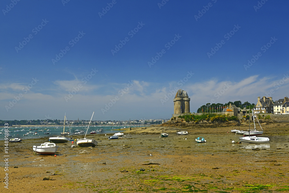 Port Solidor at low tide and the Solidor tower, Saint Malo in Brittany, France.