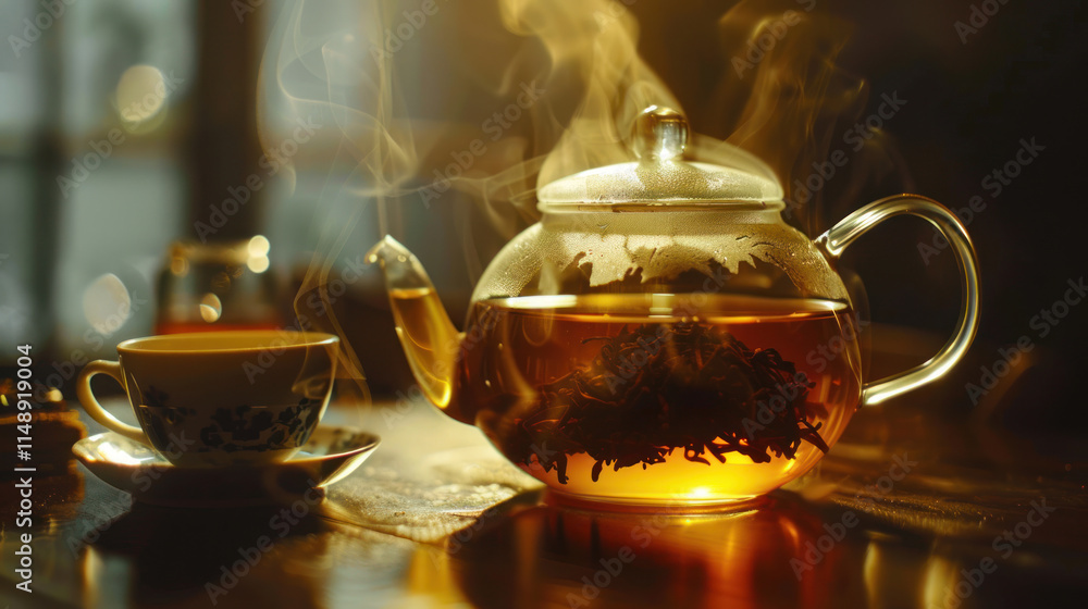 Rich black tea leaves steeping in a traditional ceramic teapot, the deep amber liquid glowing in soft light, Rich black tea leaves steeping in a traditional ceramic teapot, the deep amber liquid glowing in soft light,