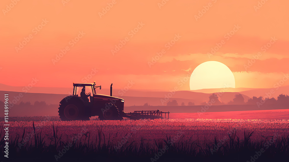 Fototapeta premium A tractor plows a field at sunset. this photo depicts the hard work and dedication of farmers, and can be used in agricultural articles or marketing campaigns. Wrought. Illustration