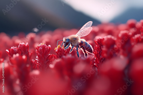 bee collecting nectar from vibrant red flowers in sunny garden. intense macro detail showcases bee delicate features and lush floral environment