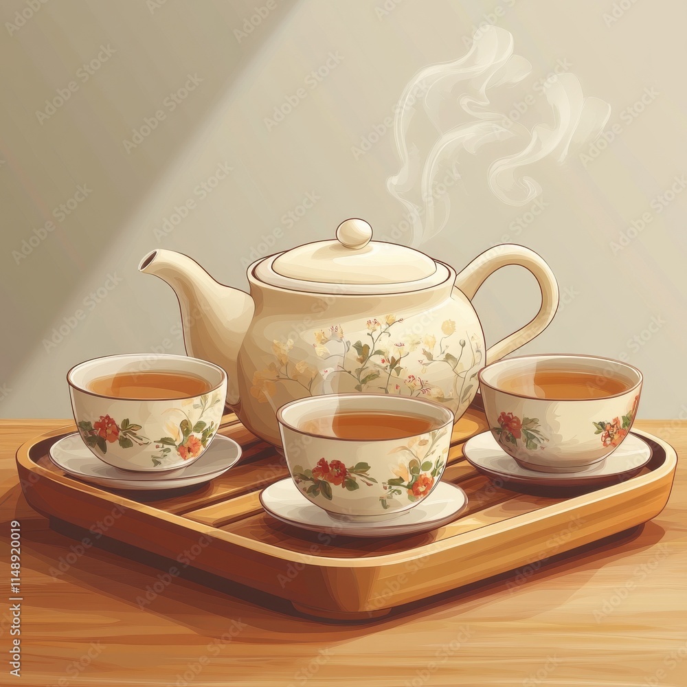 A serene tea set featuring a floral teapot and cups, with steam rising softly in a warm, inviting setting. A serene tea set featuring a floral teapot and cups, with steam rising softly in a warm, inviting setting.