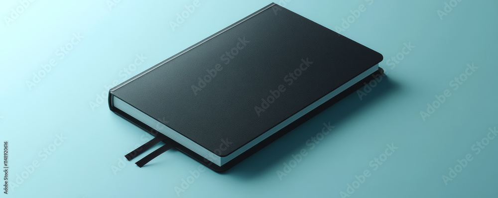 sleek black notebook with ribbon bookmark on blue background. Perfect for writing and organization sleek black notebook with ribbon bookmark on blue background. Perfect for writing and organization