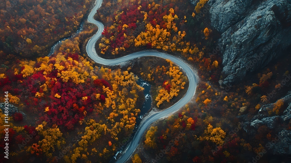 Aerial view of a winding road through a mountain range with autumn foliage Aerial view of a winding road through a mountain range with autumn foliage