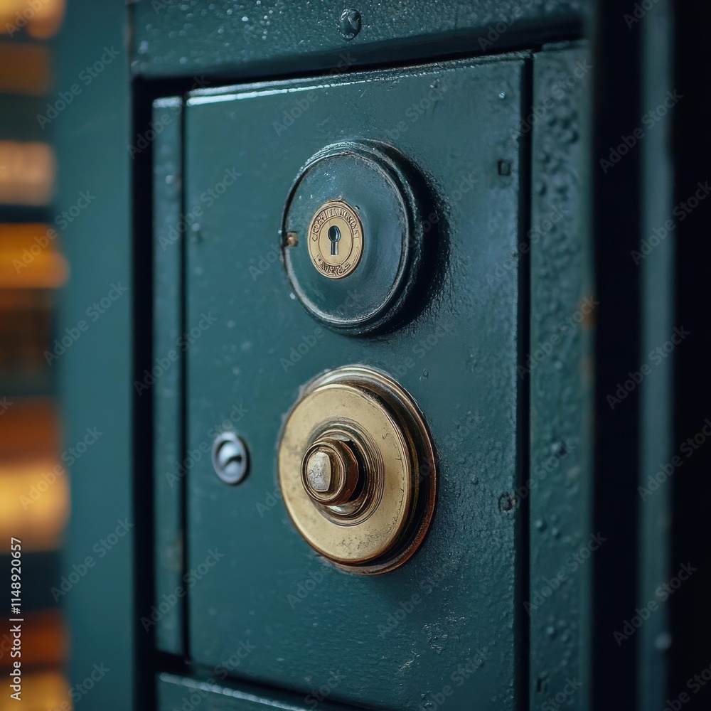 Close-up of an antique lock and keyhole on a dark green wooden door, showcasing intricate details and textures. Close-up of an antique lock and keyhole on a dark green wooden door, showcasing intricate details and textures.