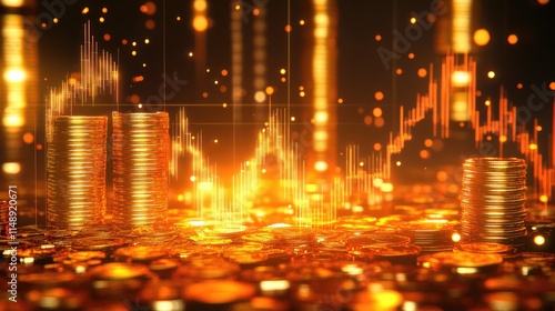 Golden Coins with Financial Graphs and Sparkling Light Effects Depicting Wealth Growth, Investment Opportunities, and Market Trends in a Modern Financial Landscape