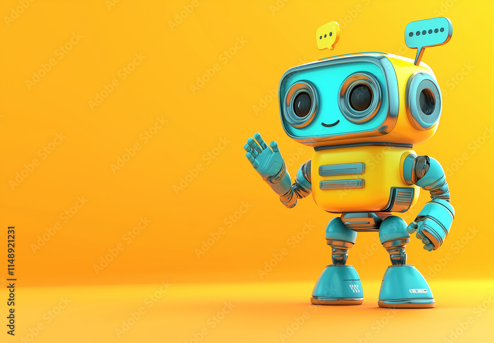3d rendering. Smiling robot with mock up texts bubbles and messages. Generative AI. 3d rendering. Smiling robot with mock up texts bubbles and messages. Generative AI.