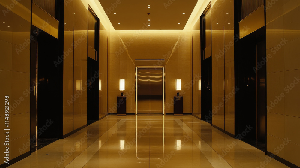 Luxurious hotel corridor with modern elevators and warm lighting Luxurious hotel corridor with modern elevators and warm lighting