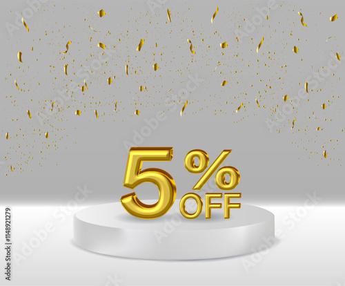 3D renders golden text 5% off podium with white background.