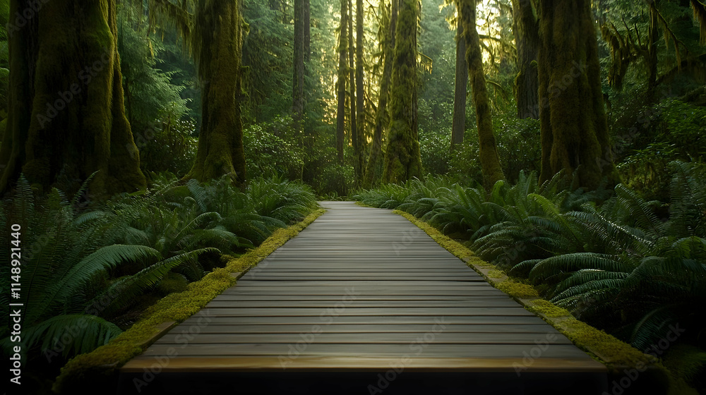 Obraz premium Oregon Forest Wooden Pathway with moss-covered trees and ferns, tranquil Pacific Northwest trail