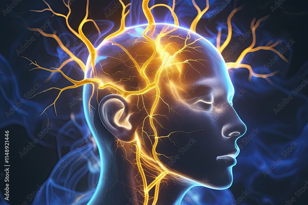 Obraz premium Illuminated Nerve Pathways and Vibrating Mind in Deep Meditation and Introspective Reflection