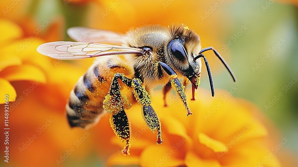 A bee on a flower with pollen on its back and wings A bee on a flower with pollen on its back and wings