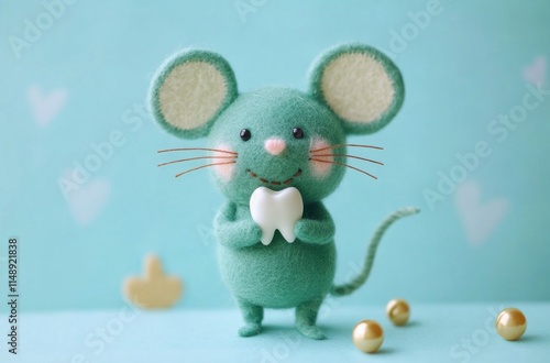 A cheerful green felt mouse holds a white tooth in its paws, set against a soft, pastel background that promotes dental hygiene