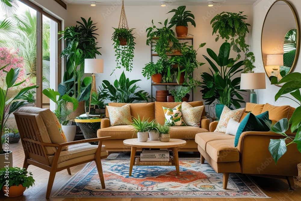 Fototapeta premium Vibrant Plant Inspired Cozy Living Room Design with Comfortable Sofa