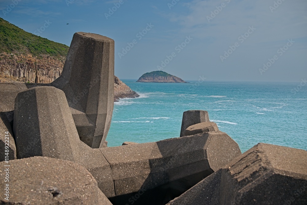 Coastal View with Concrete Structures and Island Coastal View with Concrete Structures and Island