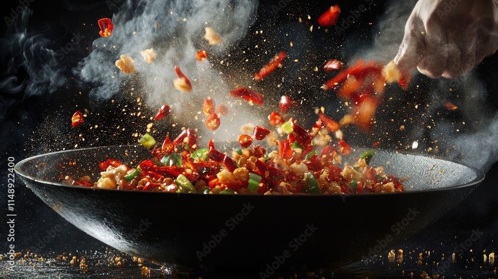 Vibrant Stir-Fry with Fresh Vegetables and Spices in a Traditional Wok Captured in Mid-Action with Dramatic Smoke and Splashes Vibrant Stir-Fry with Fresh Vegetables and Spices in a Traditional Wok Captured in Mid-Action with Dramatic Smoke and Splashes