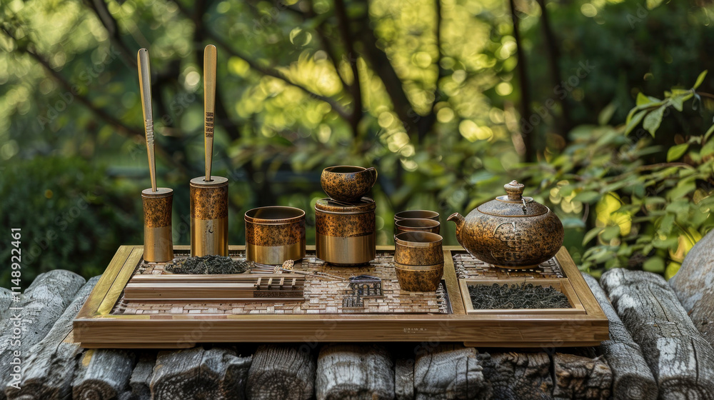Traditional tea ceremony with intricate utensils and delicate movements, set against a serene natural backdrop, Traditional tea ceremony with intricate utensils and delicate movements, set against a serene natural backdrop,