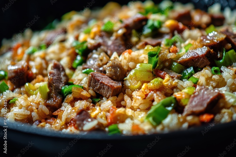Detailed image of Japanese cuisine featuring wagyu fried rice with leeks ideal for culinary content Detailed image of Japanese cuisine featuring wagyu fried rice with leeks ideal for culinary content