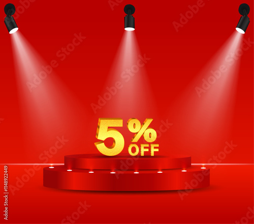 5% discount on gold. 3D golden numbers. Podium with red background and reflective lights.