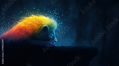   A cat laying with closed eyes and head turned to the side, featuring rainbow-colored fur