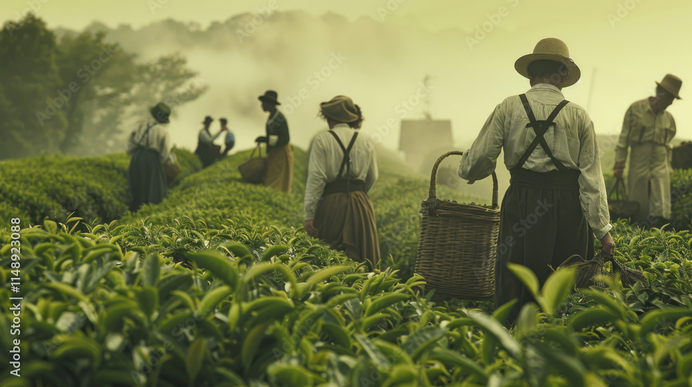 Fototapeta premium Vintage tea picking scenes recreated with workers dressed in period attire, evoking a timeless aesthetic,