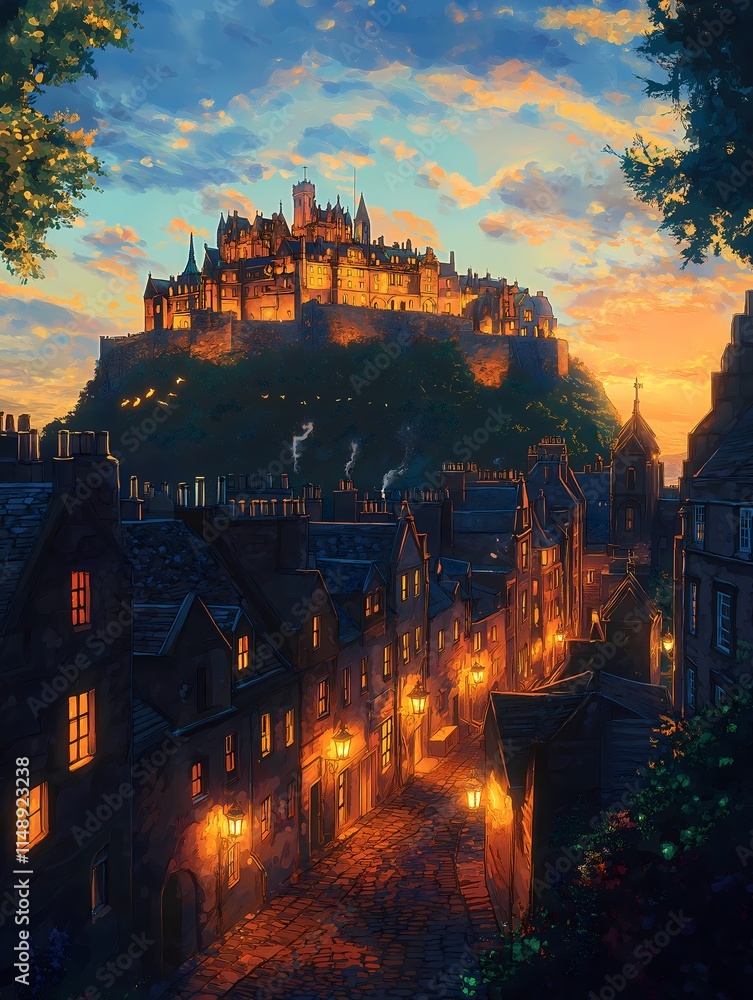 Naklejka premium Castle on the Hill: A majestic castle perched atop a hill, bathed in the warm glow of sunset, overlooks a quaint town below, evoking a sense of history, mystery, and wonder. 