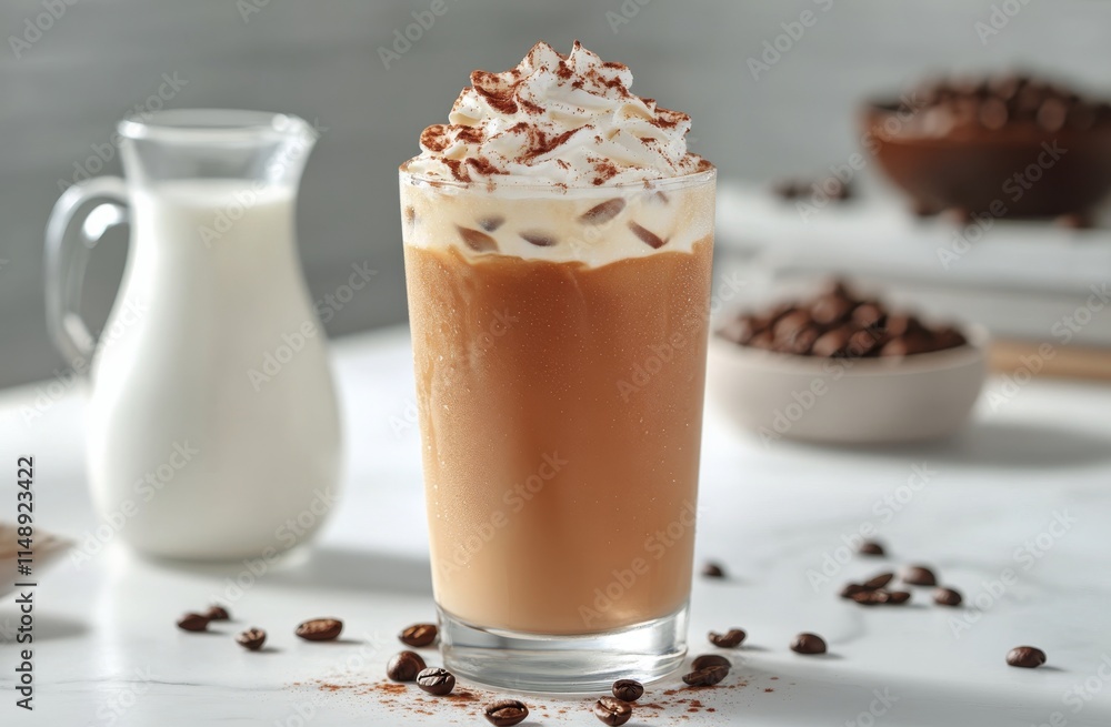 Refreshing iced coffee topped with whipped cream and spices in a bright kitchen setting Refreshing iced coffee topped with whipped cream and spices in a bright kitchen setting
