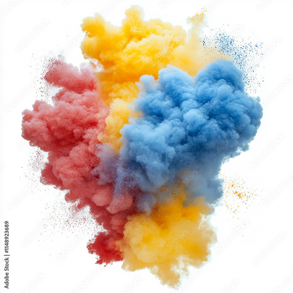 Multicolor Powder Explosion in Dynamic Layers on a White Background Multicolor Powder Explosion in Dynamic Layers on a White Background