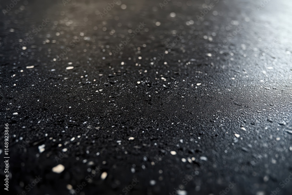 Detailed view of modern cushioned rubber flooring with cork featuring a black base and white specks Textured background with space for text Detailed view of modern cushioned rubber flooring with cork featuring a black base and white specks Textured background with space for text