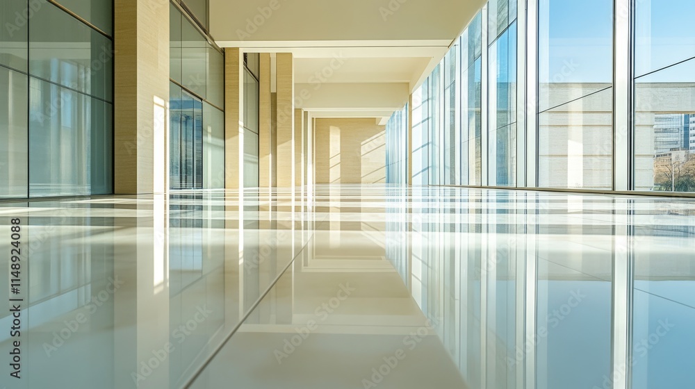 Obraz premium Modern Building Corridor With Glass Walls And Polished Floors