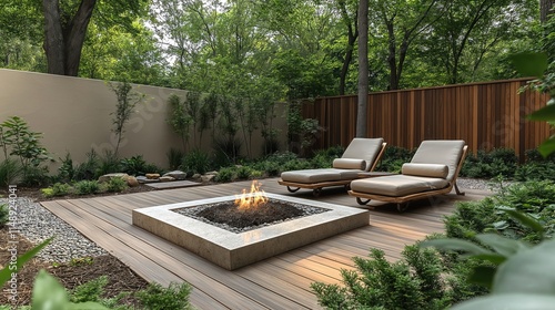 Modern Zen garden patio with lounge chairs, fire pit. Cozy, peaceful place for relaxation. Stylish contemporary design with natural elements like wood furniture, green plants. Patio gravel border, photo